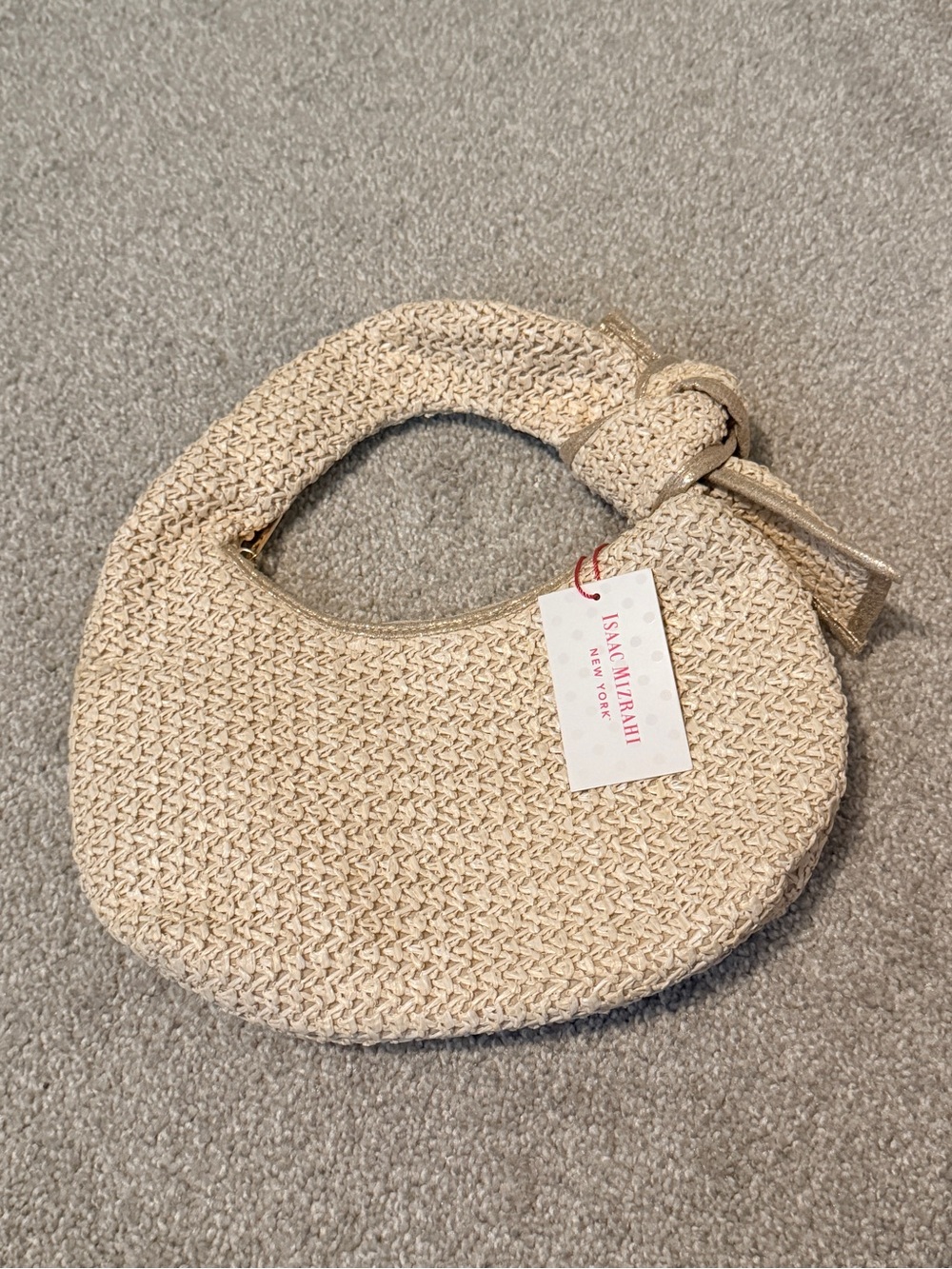 NWT Isaac Mizrahi New York Straw Handbag Metallic Gold Knot Handle Bag Natural